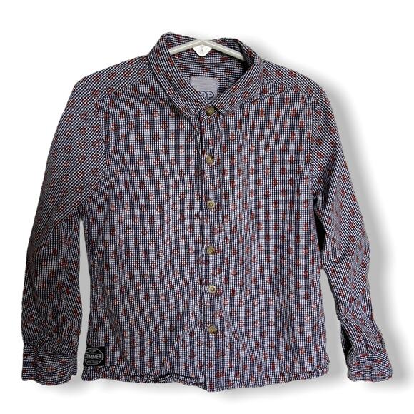 Hop‎ Little Dudes Boys Shirt 5 6 Anchor Print Gingham Roll Tab Sleeves Blue Red - Picture 3 of 7